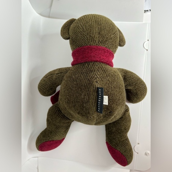 Pottery Barn Chenille Bear Olive Green Teddy 12" Plush Scarf Stuffed Bean Filled - Picture 4 of 5